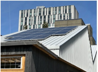 Solar panels on pitched roof. 