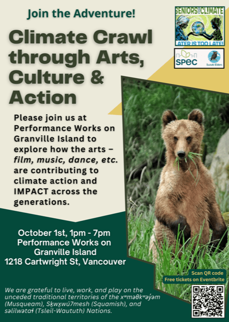 Seniors for Climate poster for Climate Crawl through Arts, Culture and Action October 1, 2024