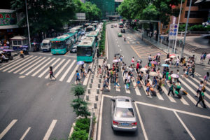 intersection in Shenzhen showing electric bus fleet