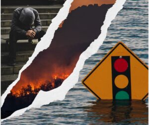 collage picture of extreme weather events and mental distress