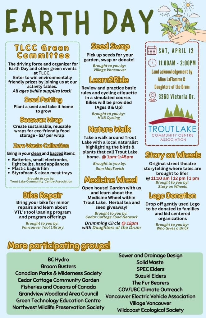 Earth Day 2025 poster of event for Trout Lake Community Centre April 12 2025