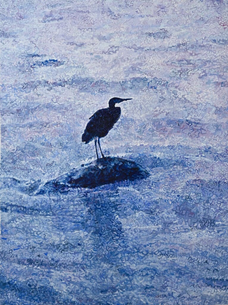 Blue heron standing on a rock at dusk, oil on canvas 2024, suschnee for Art making process blog