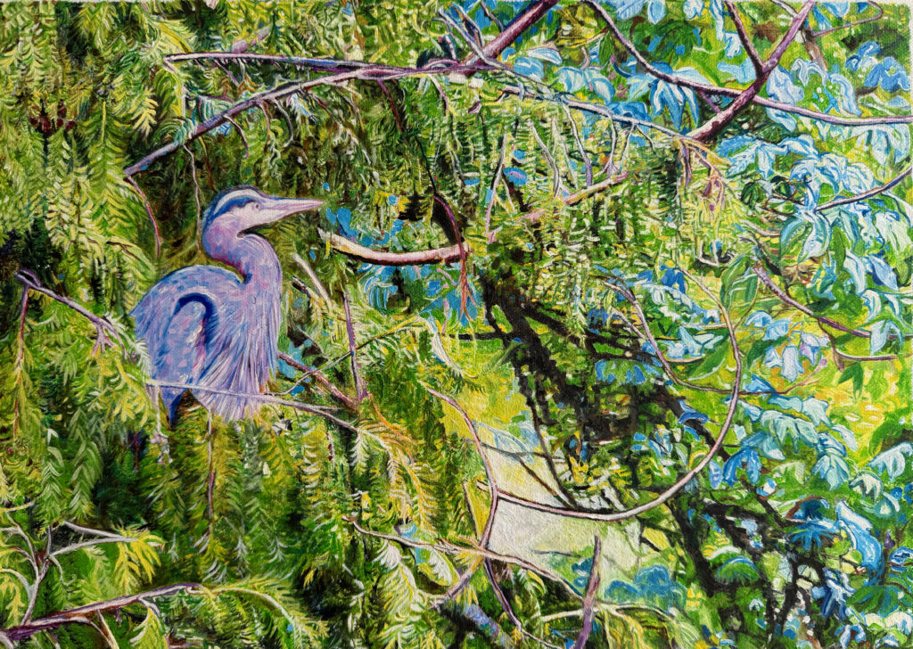 hiding heron in the moonlight, oil on canvas 2025, suschnee for art making process blog