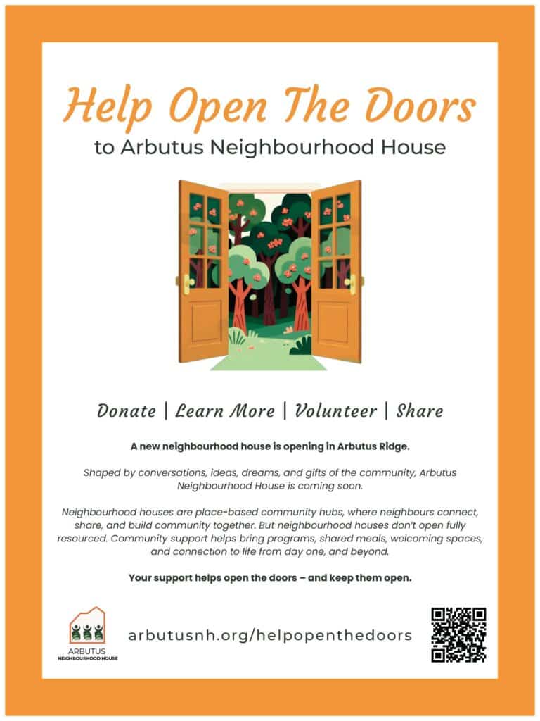 Arbutus Neighbourhood House poster for Help Open the Doors fundraiser