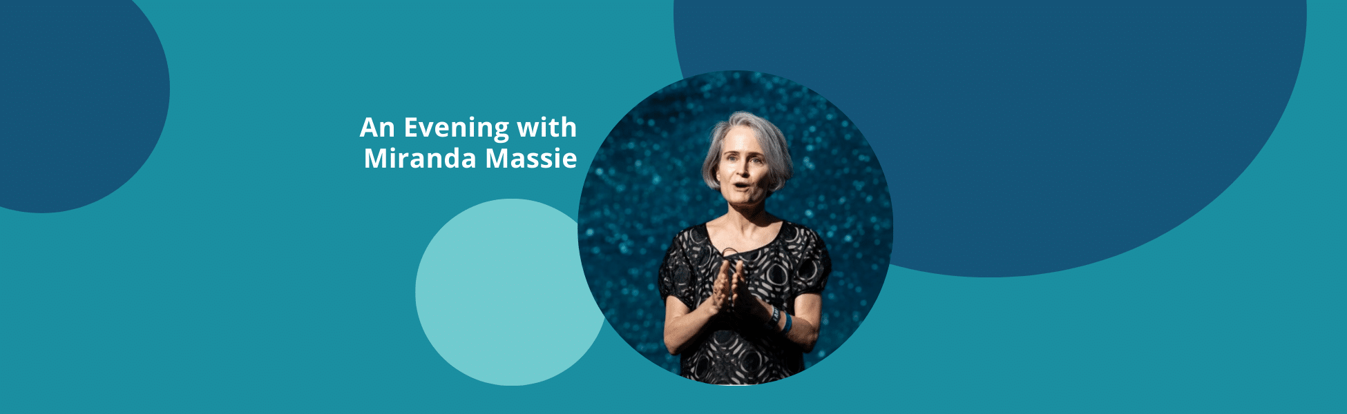 Image of Miranda Massie on GTEC blue background, with text An Evening with Miranda Massie